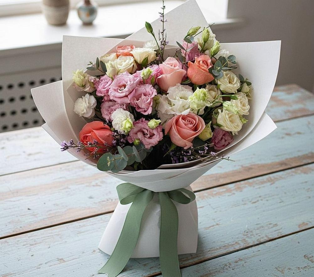 Букет цветов из: Розы, Лизиантусы и Гвоздики в Некрасовское