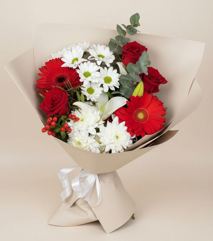 Букет цветов из: Розы, Хризантемы, Герберы и Лилии в Некрасовское