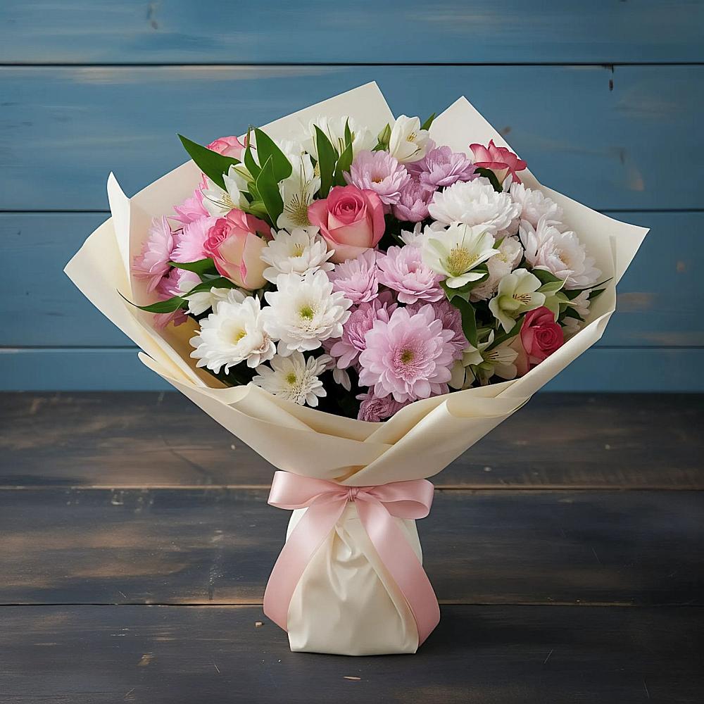 Букет цветов из: Хризантемы, Альстромерии и Розы в Некрасовское